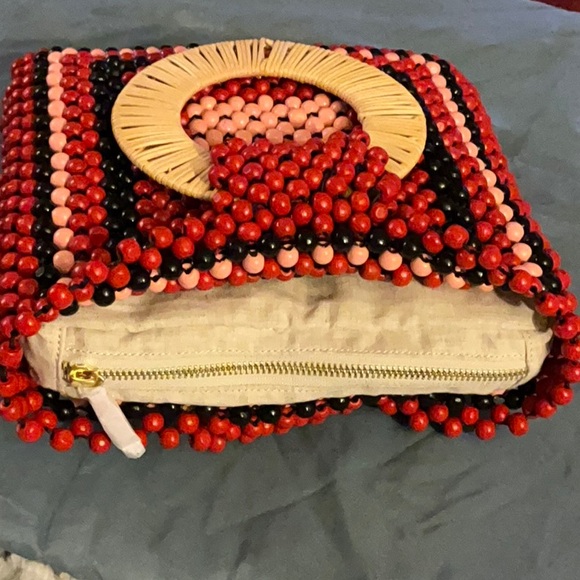 Ulla Johnson Red and Black Beaded Clutch with Wooden Handle